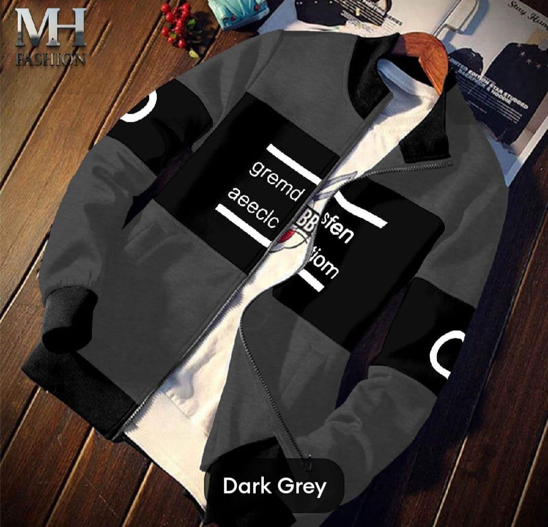 Men’s Dark Grey Fleece Zipper Hoodie | Stylish Printed Winter Jacket with Hood